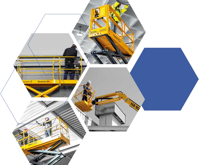 Plataformas elevadoras Pro Fast trabajando en altura: tijeras en interior y brazos articulados en obra